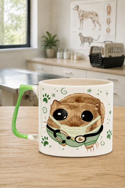 Mor Mürekkep Sad Üzgün Hamster Baskılı Yeşil Kulplu Prime Kupa - Veterinere H...