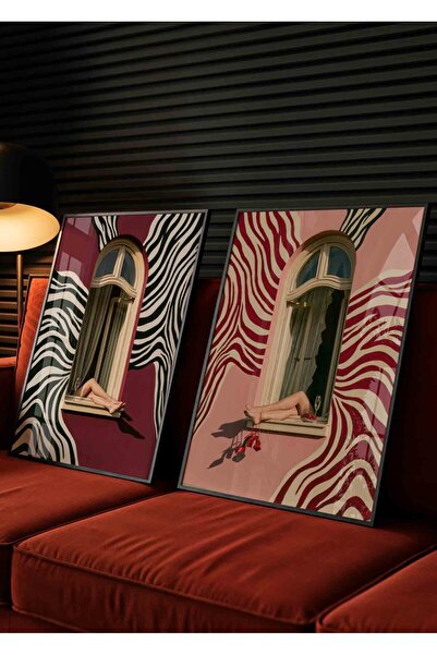 Buka Shops Bordo Pencere ve Kırmızı Topuklu 2'li Tablo Seti Zebra Desenli Sür...