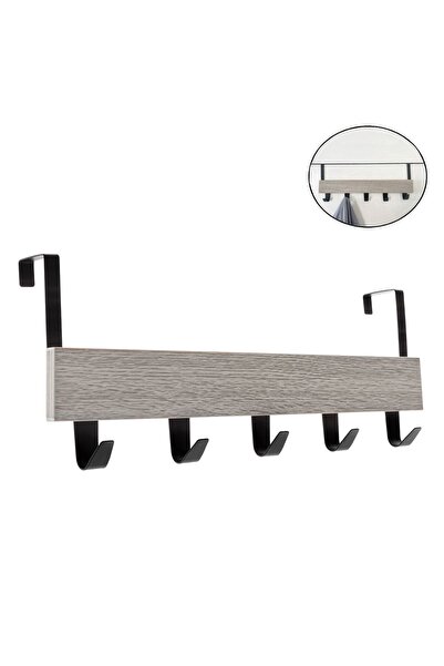 OEM Cuier Usa Gri din Lemn & Metal cu 5 Carlige 38x7x16cm