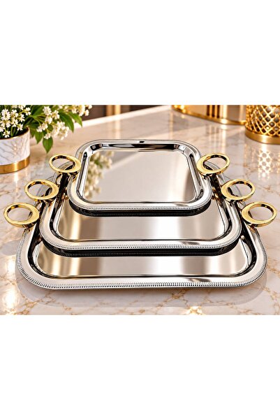 aljahwari 3-Piece Serving Tray Set Heavy Gold Round Hand Tray