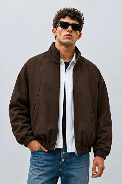 Montivo Men's Brown Quilted Inner Lining Zippered Stand Collar Bomber Coat-Ja...