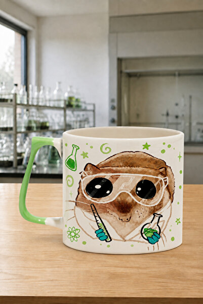 Mor Mürekkep Sad Üzgün Hamster Kimyager Baskılı Yeşil Kulplu Prime Kupa - Kim...