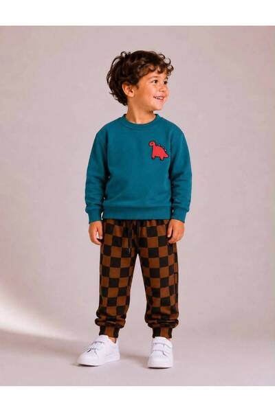 is kids wear Erkek Çocuk Fırçalı Kumaş Dinazor Baskılı Sweatshirt Ve Damalı E...