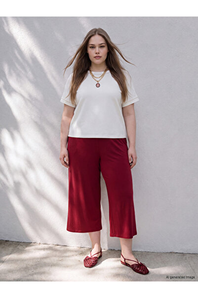 LC Waikiki Ozmarka New Season Burgundy Large Size Women's Capri with Elastic ...