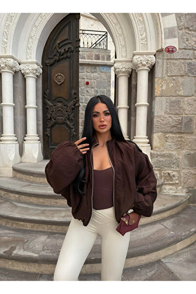 kırmızı butiks Kahve Vera Balon Kollu Bomber Ceket