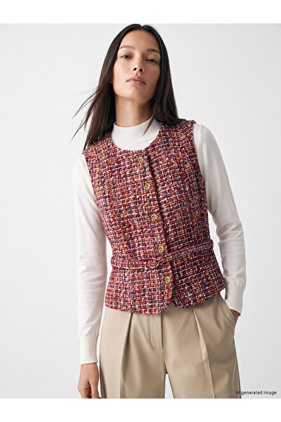 LC Waikiki Ozmarka New Season Red Patterned Belted Women's Tweed Vest