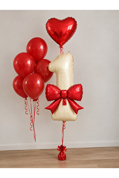 MERİ PARTİ Red Bow Birthday Balloon Set |   Number Foil Balloon, Red Heart an...