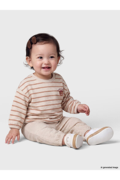 LC Waikiki Özmarka New Season Ecru Striped Baby Girl Tracksuit Set