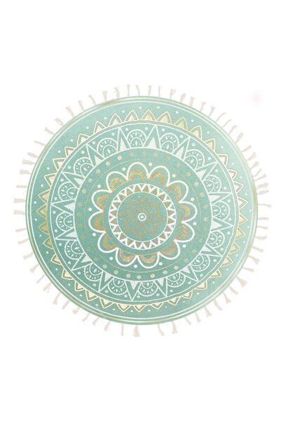 OEM Summer Decorative Pillow Mint Green Gold Foil Mandala Fringes Beige Ø40cm