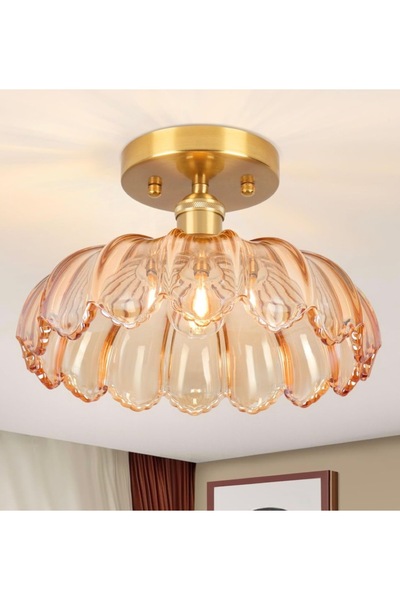 burenze Bella Cam Classic Orijinal El Yapımı Amber Bal Renk Camlı Tavan Avize Eskitme Gold Gövde
