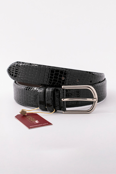 KASVA DERİ Black Shiny Fine Pattern Crocodile Leather Belt 3.5 cm