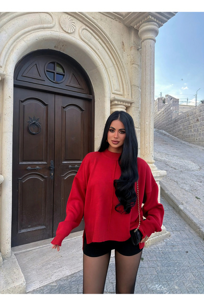 kırmızı butiks Red Fisherman's Sweater with Side Slits