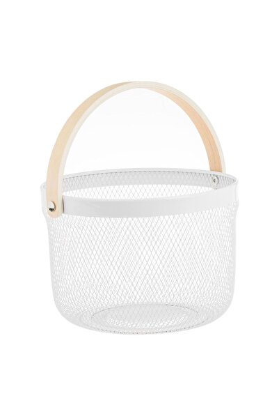 OEM Round Ecru Metal Basket with Wooden Handle Ø25x17.5cm