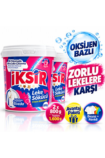 IKSIR Oksijen Bazlı Çok Amaçlı Toz Leke Çıkarıcı 2 x 800 g – 1.600 g Avantaj Paketi – Beyaz ve Renkliler İçin