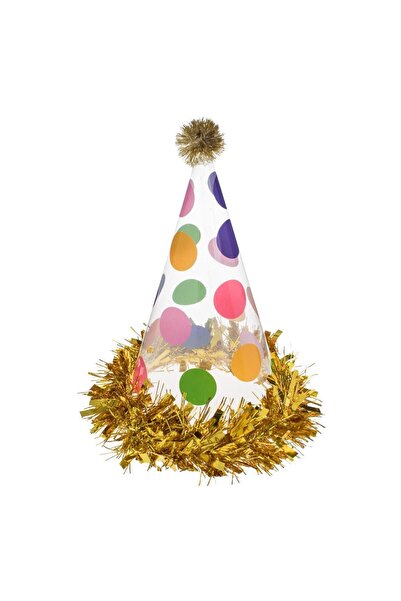 OEM Transparent Plastic Party Hat with Polka Dots & Beige Tinsel 29cm