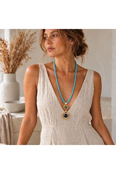 BIJUTERI Kly-1070 Turquoise Grained Gold Ring Natural Stone Necklace |   Eos ...