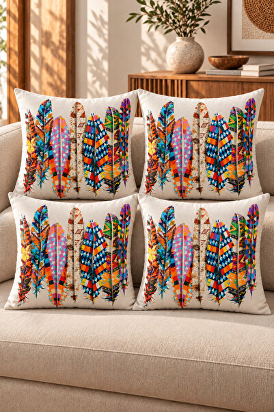 Bumedo Set of 4 Colorful Ethnic Feather Patterned Throw Pillow Covers 43X43 c...