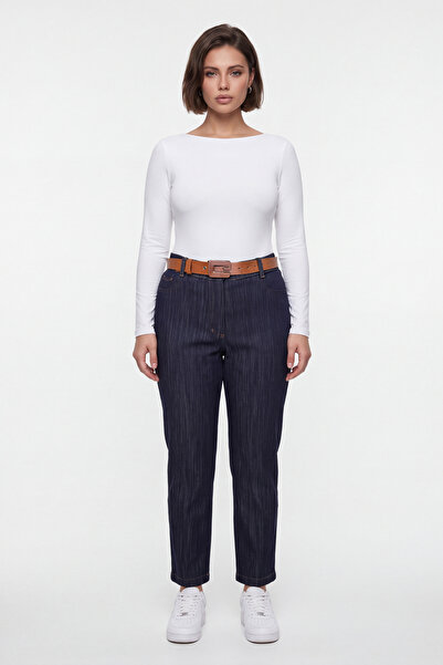 EXİTLİNE Women's Navy Blue Seasonal High Waist Belted Denim Trousers with Jac...