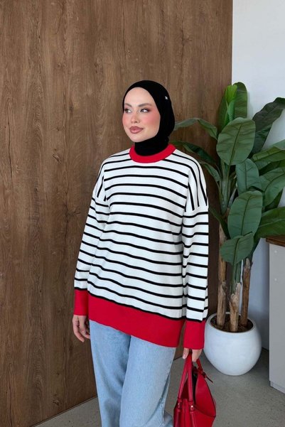 Hazamoda Crew Neck Striped Sweater Red