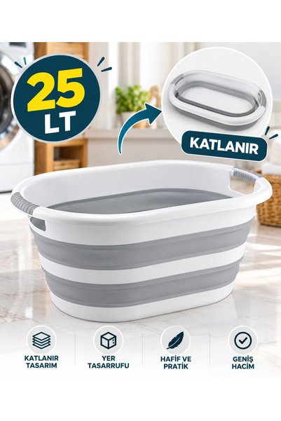 SARINCI 25 LT Katlanabilir Silikon Çamaşır Sepeti Akordiyon Katlanır Kirli Ça...
