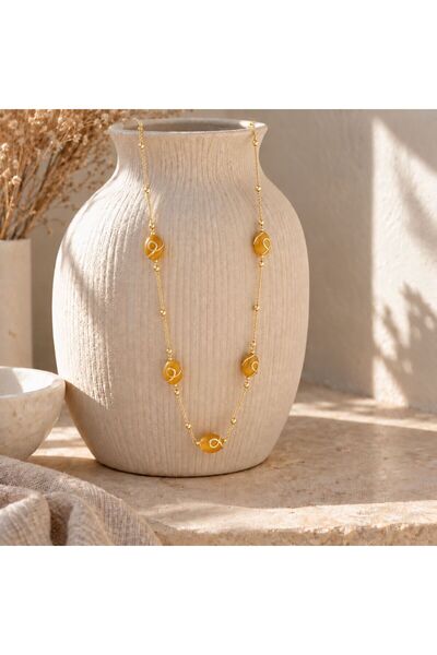 BIJUTERI Kly-1071 Yellow Jade Natural Stone Long Necklace with Gold Chain |   Eos Collective