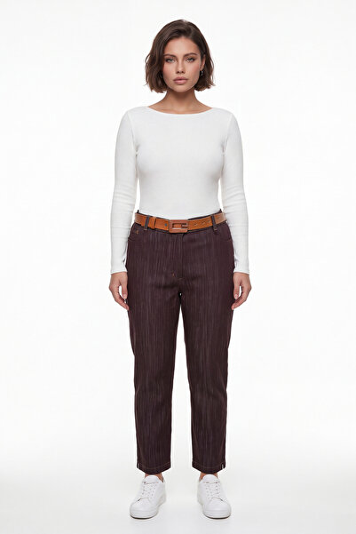 EXİTLİNE Women's Coffee Seasonal High Waist Belted Denim Trousers with Jacron...