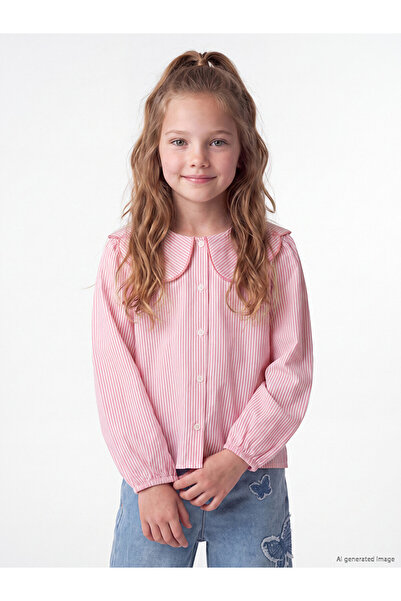LC Waikiki Özmarka New Season Pink Baby Collar Striped Girls' Shirt