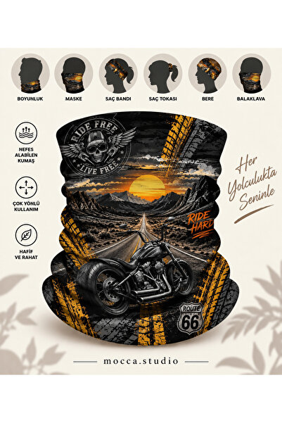 Mocca Studio Motosiklet Route 66 Desenli Çok Amaçlı Bandana – Boyunluk, Maske, Saç Bandı, Bere & Balaklava baf motorcu buff