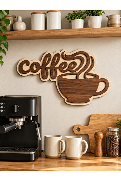 Coffee Yazılı Kahve Köşesi Duvar Dekoru | Katmanlı Fincan Tasarımlı Ahşap Görünümlü Mutfak Süsü