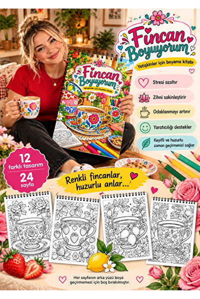Pembe Yayınevi Mandala Boyama Kitabı - Yetişkinler İçin Boyama Sayfaları - Renkli Fincanlar - Fincan Boyama