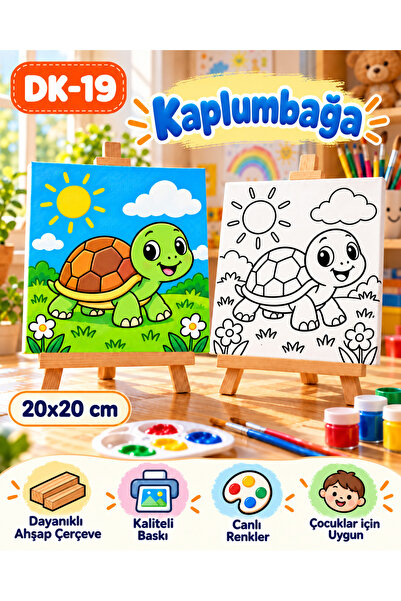 Kaplumbağa Çocuk Boyama Tuvali 20x20 cm – Ahşap Çerçeveli Kanvas