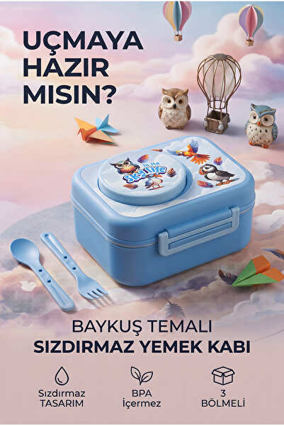 KaktüsKedi 3 Bölmeli Sızdırmaz Çocuk Beslenme Kutusu - Sos Bölmeli Yemek Kabı...