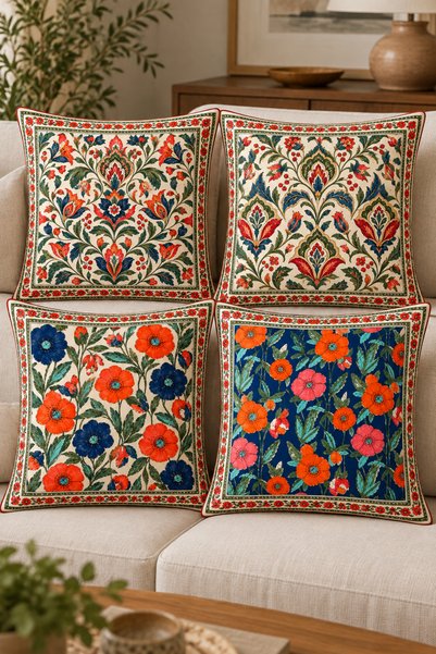 Elay Tekstil 4-Piece Throw Pillow Cover and Runner Set |   Floral Patterned Decorative Throw Pillow Cover and Runner