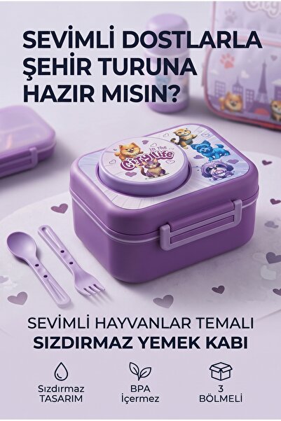 KaktüsKedi 3 Bölmeli Sızdırmaz Çocuk Beslenme Kutusu - Sos Bölmeli Yemek Kabı...