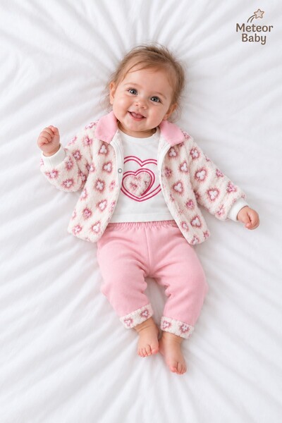 METEOR BABY Baby Girl Set with Heart Patterned Velvet Jacket, 3-Piece Top and...