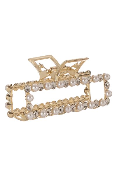 OEM Clama Par de Culoare Aurie cu Margele Albe & Strass 9cm