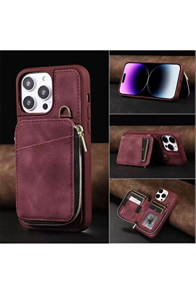 Apple iPhone 18 Pro Max Uyumlu Bordo DERİ KENDİNDEN CÜZDANLI KARTLIKLI MAGSAFE ÖZELLİKLİ