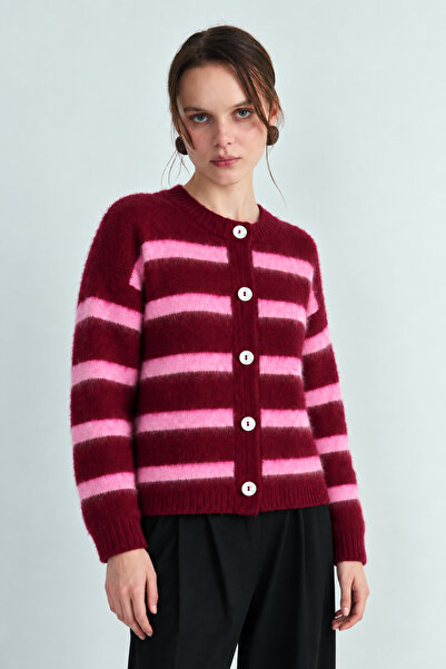 Yefrastore Women's Burgundy Pink Striped Ultra Soft Cardigan