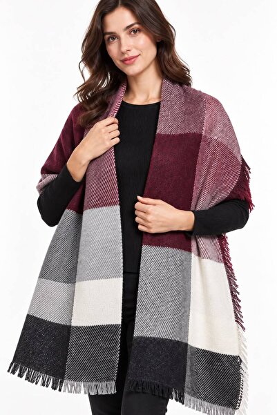 Sfg Life Moda Women's Plaid Patterned Soft Textured Tasseled Knitwear Shawl