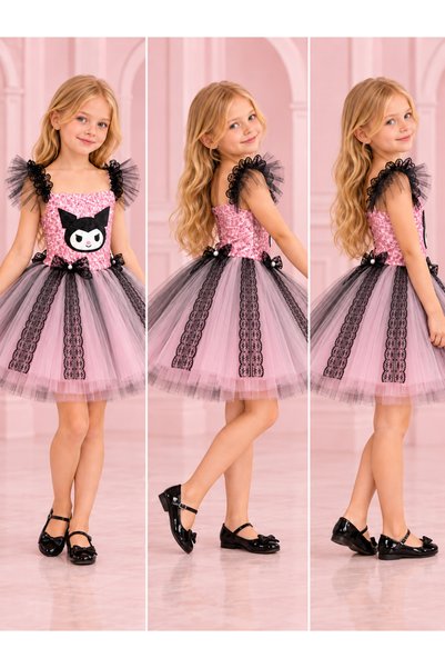 black white wedding Girls' Kuromi Themed Costume - Pink Sequined Party Dress with Black Lace Detail and Tulle Skirt Above Knee