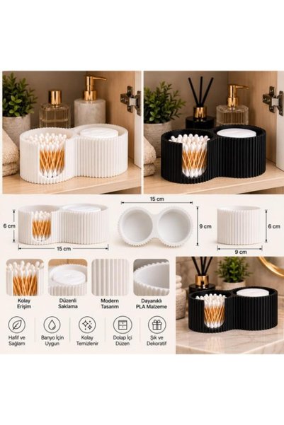 Banyo Düzenleyici Pamukluk ve Kulak Çubuğu Organizeri – Dekoratif Makyaj ve Kozmetik Düzenleyici – Modern Ribbed Tasarım