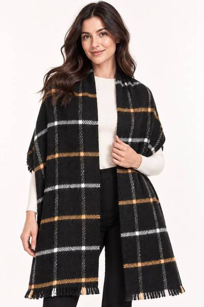 Sfg Life Moda Women's Plaid Patterned Soft Textured Tasseled Knitwear Shawl