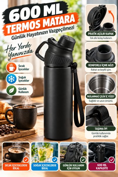 OpenCity 600 ML Siyah Termos Matara Paslanmaz Çelik İç Yüzeyli Taşıma İpli Sı...