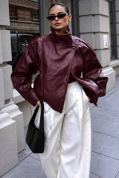 mega lucky Premium ZR Model Bordo Oversize Dik Yaka Deri Ceket