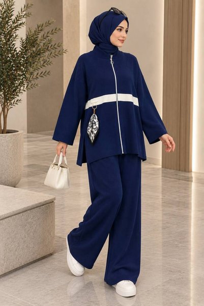 SHEZAN MODA Kadın Lacivert Fermuarlı Üst, Şerit Detaylı, Geniş Paça Pantolonl...