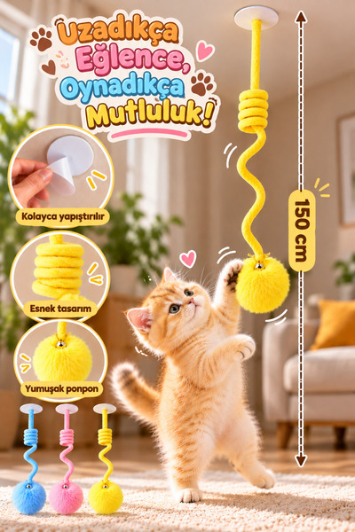 HAYHAYPETSHOP Kedi Oyuncağı Tavana Yapışan 150 cm Esnek Yaylı Ponpon Top Kedi...