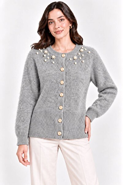Sfg Life Moda Women's Pearl Detailed 7-Button Crew Neck Feathered Knitwear Ja...