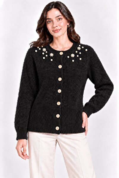 Sfg Life Moda Women's Pearl Detailed 7-Button Crew Neck Feathered Knitwear Ja...