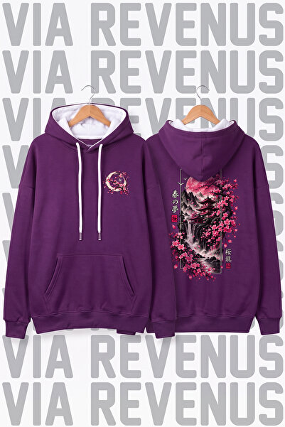 Vordevia Sakura Printed Wide Fit Plum Hoodie - 3 Thread Fleece Hood Lining wi...