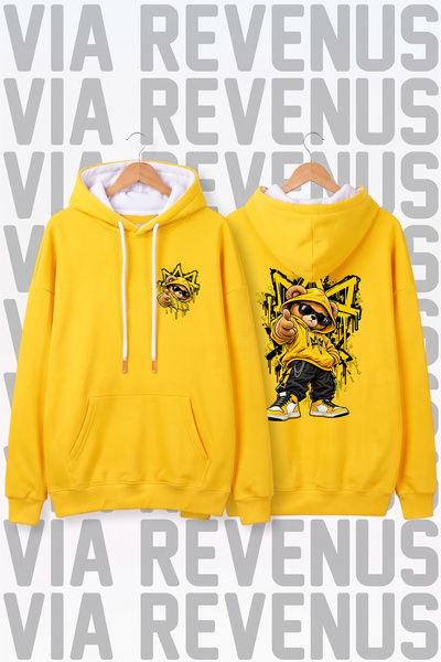 Vordevia Teddy Bear Printed Wide Fit Yellow Hoodie Sweatshirt - 3 Thread Flee...